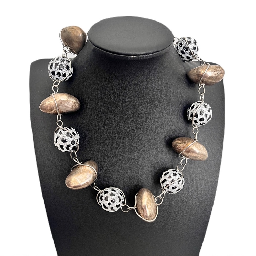 Abra Black and White Polka Dot Mixed Metal Large Nugget Beaded Necklace